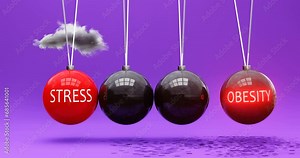 Stress leads to obesity. A Newton cradle metaphor in which stress sets obesity in motion. Vicious cycle. Cause and effect relation between stress and obesity. Can be looped