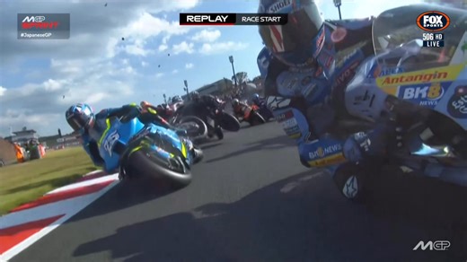 Carnage at Turn 1 🫣💥 Jorge Martin is lucky to escape relatively unscathed after this horrible crash during the #TissotSprint in Japan The Martinator has suffered a displaced fracture of the right collarbone, but that could have been much worse! #MotoGP #JapaneseGP | FOX Motorsport