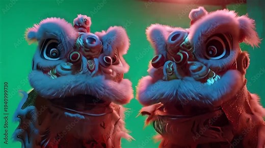 Two ornate traditional Chinese lion dance costumes with vibrant colors and detailed features, capturing the spirit of cultural celebration