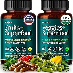 100% Organic Fruits and Veggies Supplement (USDA Organic - Made in USA) 180 Potent Fruits and Vegetable Capsules for Energy Boost & Daily Fruit and Vegetable Vitamins - Vegan, Non-GMO, Gluten-Free