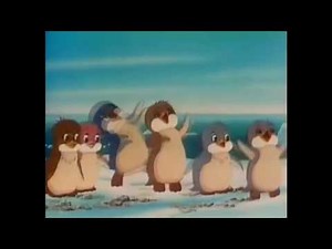 Gilbert throws a rock at General Woundwort and Scamper and the other penguins laugh at him