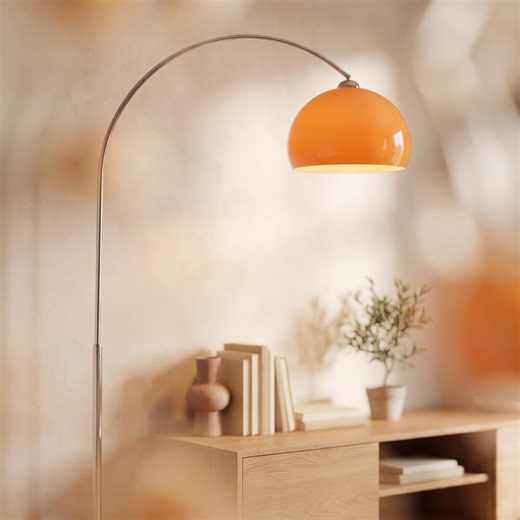 Arc Floor Lamp Orange Shade, Mid Century Modern Floor Lamp, Curved Standing Lamp for Living Room Decor, Retro Arc Lamp