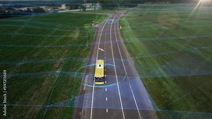 AI remotely controls the autonomous self-driving bus scans road with sensors. HUD element visualization. Concept of a smart passenger transportation and selfdriving public transport of the future. 4k