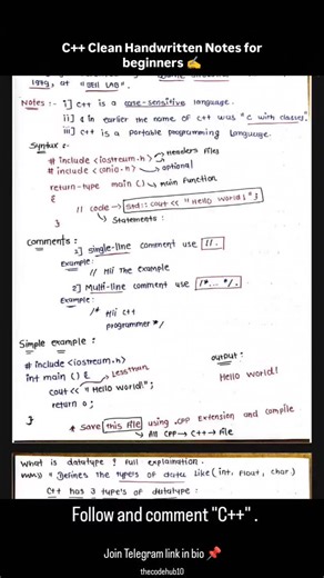 Follow and Comment "C "📌 Handwritten C Notes for Beginners & Placements ✍️💻 Clear and easy-to-understand handwritten C notes covering basics to advanced concepts. Perfect for beginners, students, and placement preparation. #HandwrittenNotes #ProgrammingNotes #CodingStudents | The CodeHub
