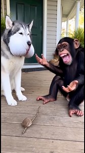 The chimp couldn’t stop laughing at the swollen husky 😂🐕🐒 After the wasp attack, the poor husky’s face got completely swollen — his eyes and mouth puffed up in the funniest way ever! 😭🐝 The chimpanzee just sits next to him, laughing nonstop, clapping his hands and pointing at his ridiculous face. Pure comedy, pure realism — you can’t watch this without laughing! 😂🔥 #funny #comedy #chimpanzee #husky #animals #waspattack #funnyvideo #realistic #animalcomedy #viral #laughoutloud #reels #monk