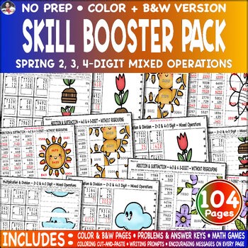 Morning Work Spring 2, 3, 4-Digit Mixed Math Mystery Cut Paste Color Game