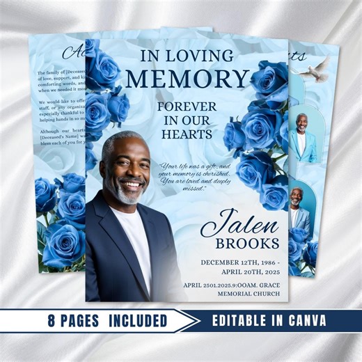Blue Roses Funeral Program Template: 8-page Memorial (canva PDF Download) - Etsy
