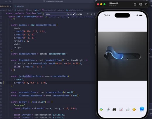 That Jelly slider example making the rounds on social media also runs on React Native WebGPU. Thanks to the great work of its original author, Konrad Reczko | William Candillon | 25 comments