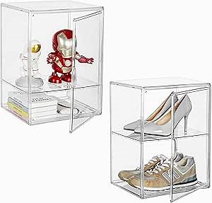 Acrylic Display Case with an Adjustable Divider, 2 Tiers XXX-Large Boot Shoe Storage Boxes Clear Plastic Stackable Storage Bin with Lids,2 Pack Super Large Clear Display Box for Shoes, Collectibles