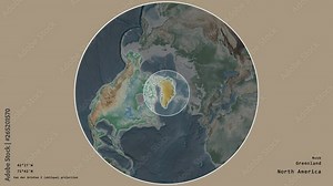 Greenland and its capital circled and zoomed on the global physical map in the van der Grinten I projection with animated oblique transformation. Animation 3D