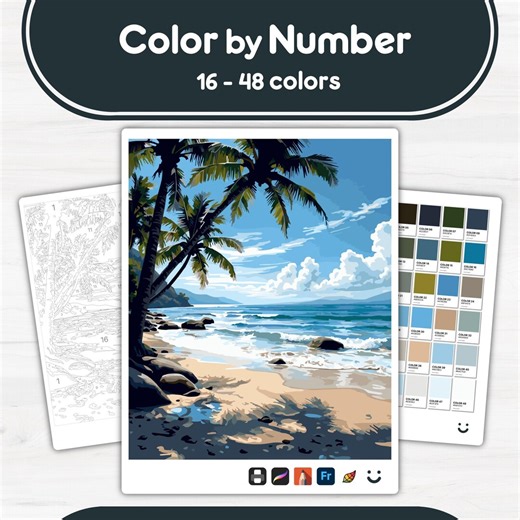 Sunny Beach Scene - Color by Number - Digital & Printable - 4 Levels - Etsy