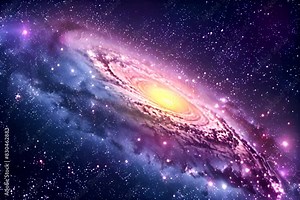Amazing milky way galaxy with stars and purple nebula in night sky background.