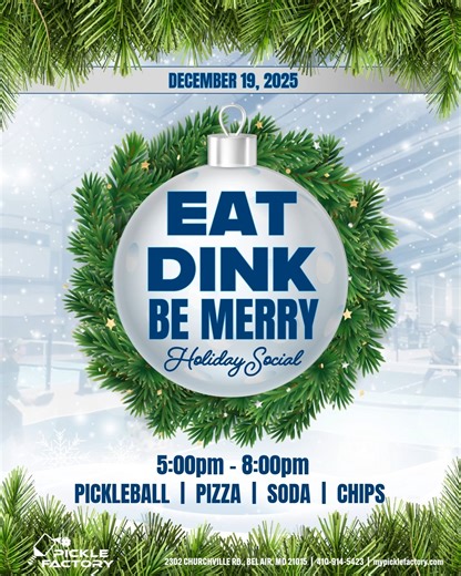 Tis the season for a Holiday Party you won't forget! Come hang out with us Friday, Dec 19th @ 5pm- 8pm. For games of pickleball, delicious pizza, and drinks at our lounge. Reserve your spot on court reserve or call 410-914-5423 today! | Pickle Factory