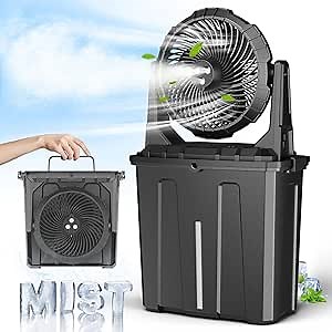 Ausic 9L Bucket Portable Misting Fan for Outdoors Patios - 10IN, 20000mAh Rechargeable Battery Operated Camping Fan, 3 Strong Winds, 3 Large Spray Outlets, for Fishing/Travel/Garden/Golf/Tent/Office