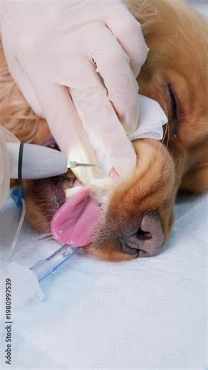 Veterinary dentist cleaning an intubated cocker spaniel’s teeth with an ultrasonic scaler during dental procedure. Vertical video