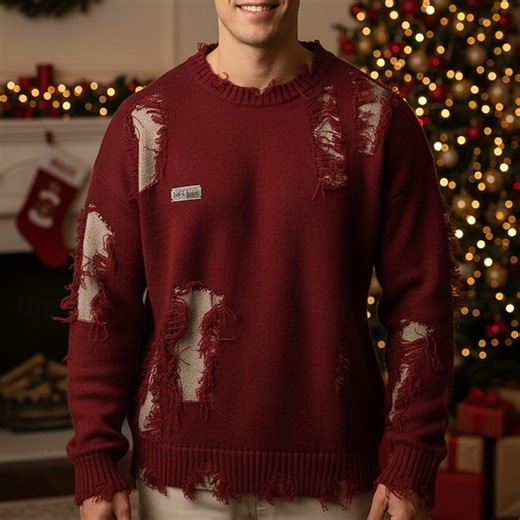 Men's Christmas Sweaters Pullover Sweater Jumper Distressed Sweater Knit Sweater Ribbed Knit Regular Tops Knitted Color Block Crew Neck Vintage Fashion Christmas Vacation Clothing Apparel Fall Winter 2025