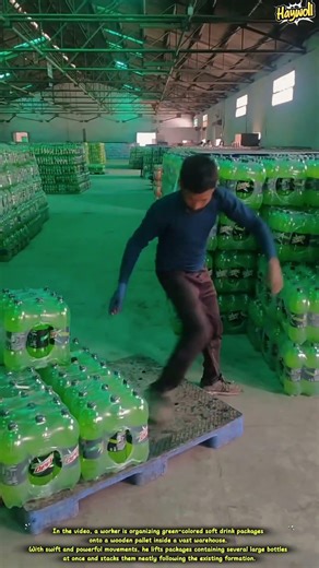Arranging and stacking stocks of bottled soft drinks inside a distribution warehouse