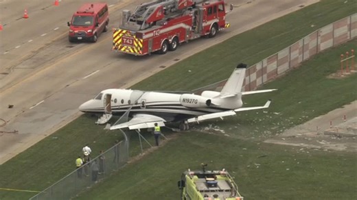Jet crashes through fence at Wheeling airport, nearly sliding onto Hintz Road