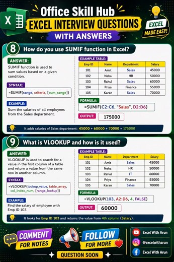 🔥 Excel Interview Questions You Must Know! SUMIF & VLOOKUP Explained 🚀 #ExcelTips #ExcelWithArun