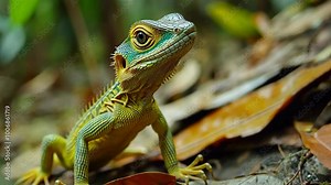 A green and yellow lizard perches on a fallen leaf in the forest