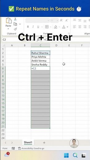 Repeat Names in Excel Without Copy-Paste | Time-Saving Shortcut