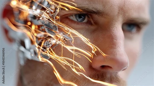 Merging of Man and Machine: An intense close-up reveals a man's face intricately fused with robotic elements, sparks illuminating the merging of human and technological essence.