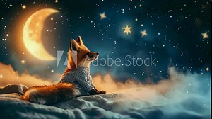 A fox, dressed in pajamas, sits on a blanket under a night sky filled with stars and a crescent moon. The scene is serene and dreamlike, evoking a whimsical and peaceful mood.