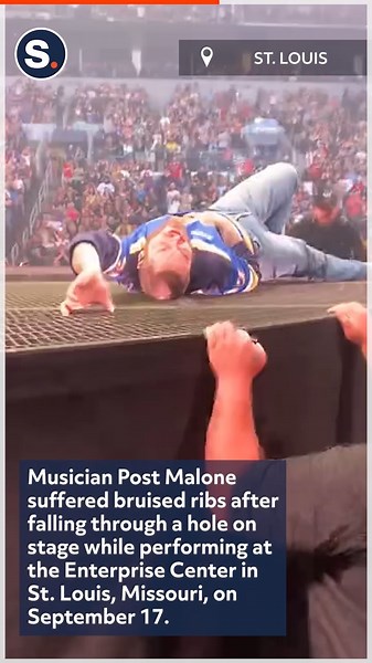 76K views · 149 reactions | Post Malone suffered bruised ribs after falling through a hole on stage while performing at the Enterprise Center in St. Louis, Missouri. | storyful | Facebook