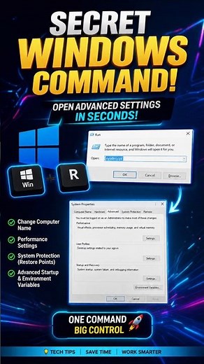 🚀 Unlock Hidden Windows Settings in Seconds! | Win + R + sysdm.cpl #Shorts🔥 #techtips #windows