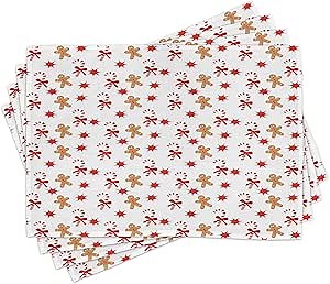 Ambesonne Gingerbread Man Place Mats Set of 8, Candy Cane Bowties Red Star Christmas Cookie Pattern, Washable Fabric Placemats for Dining Table, Placemat 8 pcs, Sand Brown Orange