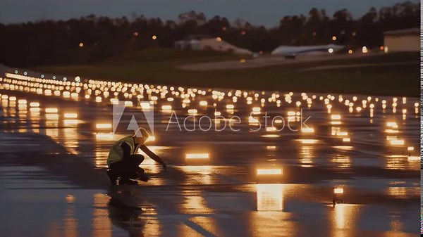 Technician examining LED runway lights at dusk ensuring optimal brightness and alignment for secure nighttime aviation operations. vídeo de Stock