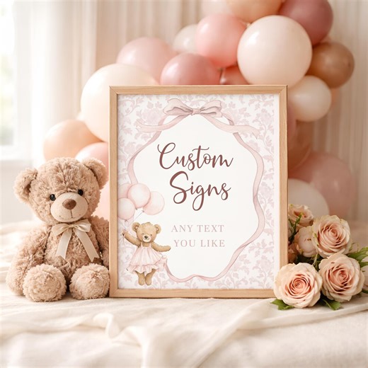 Teddy Bear Custom Table Sign, Pink Coquette Bear Baby Shower Sign, Beary First Birthday Party Decor, Printable Table Sign Template, Sb186 - Etsy