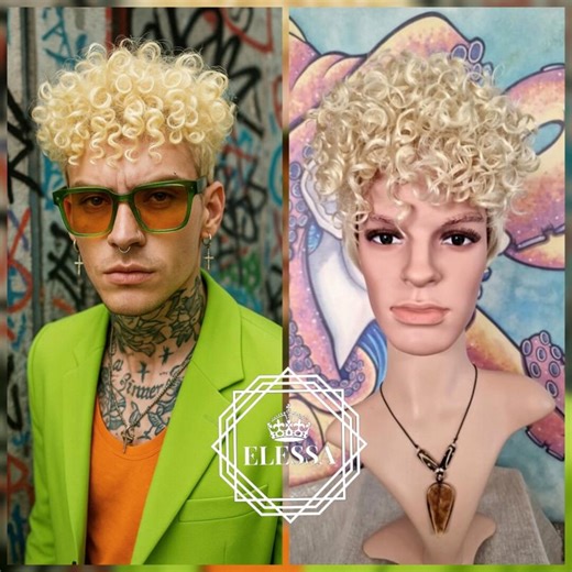 Casually Tousled Curly Model Short Mens Wig in Blonde #613 Color With Bangs, Outsider Style, Wig Urban Street Style, Artist Look, Rebel Rock - Etsy