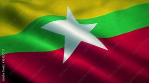 Myanmar flag waving in the wind. National flag of Myanmar. Sign of Myanmar seamless loop animation. 4K