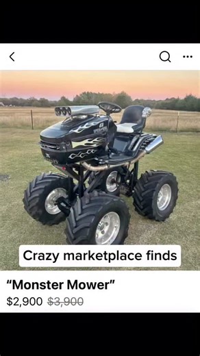 Crazy marketplace finds on Instagram: "Would you buy the “Monster mower”? Got a Marketplace find worth sharing? Drop us the link in a message. This is a custom lifted “Monster Mower” with a unique, one-of-a-kind build. It runs and operates as it sits. The mower is equipped with a hydrostatic transmission and features true dual exhaust. The exhaust setup gives it a deep, aggressive sound similar to a V8-style tone. Overall width is approximately 54 inches, and overall height is about 6 feet. The
