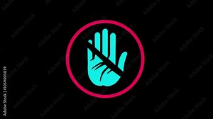 Stop palm gesture. stop hand sign animation. Stop flashing. Black background do not enter stop red sign with hand animation. Prohibition sign.