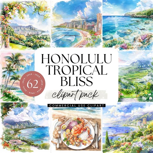 Honolulu Clipart Pack, Hawaii Watercolor Travel Art, Tropical Island Illustrations, Beach Paradise Graphics, Vacation Tourist Destination - Etsy