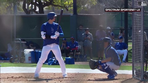 Shohei Ohtani takes batting practice on the field