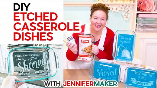 Learn how to etch casserole dishes, even glass Pyrex bakeware, with personalized and beautiful designs. Etched glass casserole dishes make great wedding and housewarming gifts! Watch the video for the full step-by-step tutorial and get my free casserole dish etching designs over on my JenniferMaker blog here: https://jennifermaker.com/etched-casserole-dish/ . . . . . . . Did you know that we are giving away a Cricut Maker this month? Are you looking for a bonus word for the giveaway? You found o