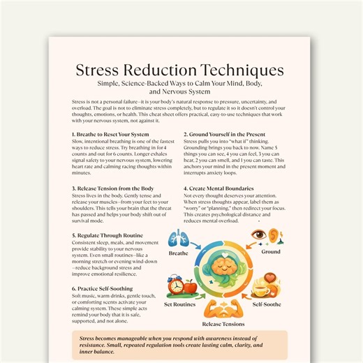 Stress Reduction Techniques Cheat Sheet, Nervous System Regulation and Anxiety Relief - Etsy