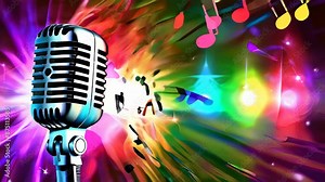 A retro microphone bursts with color and sound, illuminating the vibrant energy of music