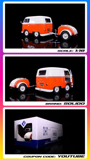 1950 Volkswagen Kool Kombi Van with Trailer Orange and White 1/18 Diecast Model Car by Solido 4K