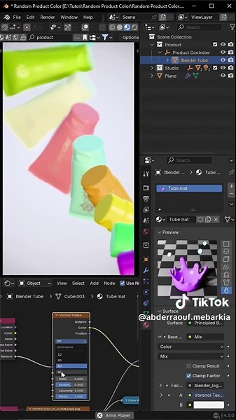 Blender tip: Randomize Product Colors with a Single Material 😃 #Blender #Blender3D #BlenderTutorial #ShaderNodes #RandomColors #3DDesign #CGI #بلندر #دروس_بلندر #تعليم_بلندر #تلوين_عشوائي #تصميم_ثريدي #خامات_بلندر