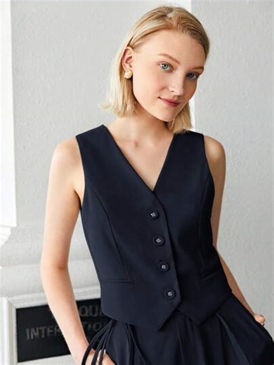 BizChic Navy V-Neck Front Button Vest For Women, Chic And Elegant For Urban Commute, Daily Wear, Romantic 90s Retro, Suitable For Christmas, New Year, Valentine's Day, Party, Beach, Graduation, Versatile And Minimalist, Appropriate For Wedding Guest, Host, Date, Party, Concert, Brunch, Airport, Vacation | SHEIN