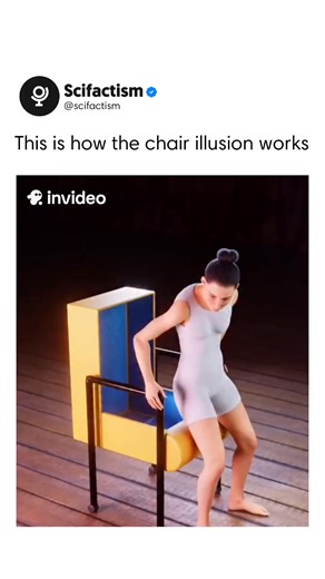 Scifactism on Instagram: "The illusion shows a magician seemingly sitting on a chair supported by a single stick. Through clear visuals, the video reveals the hidden structural supports and precise balance that make the effect possible while clever misdirection keeps the audience focused elsewhere. Within just two days, the reel went viral on Instagram, reaching 6.3 million views and 134,000 likes. Viewers appreciated seeing the engineering and psychology behind a classic stage trick that has fa