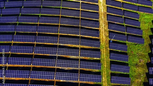 Straight down aerial view of multiple rows of solar panels divided by a dirt service path. Organization of the renewable energy facility.