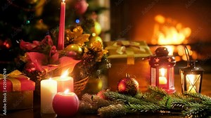 Beautiful background for winter celebrations of burning fireplace, decorated Christmas tree and traditional ornaments