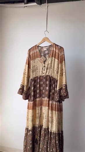 Desert Solstice Hippie Boho Maxi Dress, Earthy Print Bell Sleeve Tiered Dress, Bohemian Style Button up Long Sleeve Fall Earth Tone Dress - Etsy