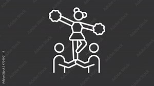 Animated cheerleading white icon. Girl with pom poms line animation. American football players motivation. Black illustration on white background. HD video with alpha channel. Motion graphic