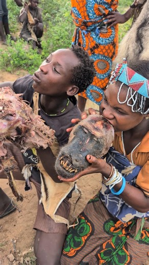 Eating together, living together – bushmen family enjoying incredible baboon meal ❤️